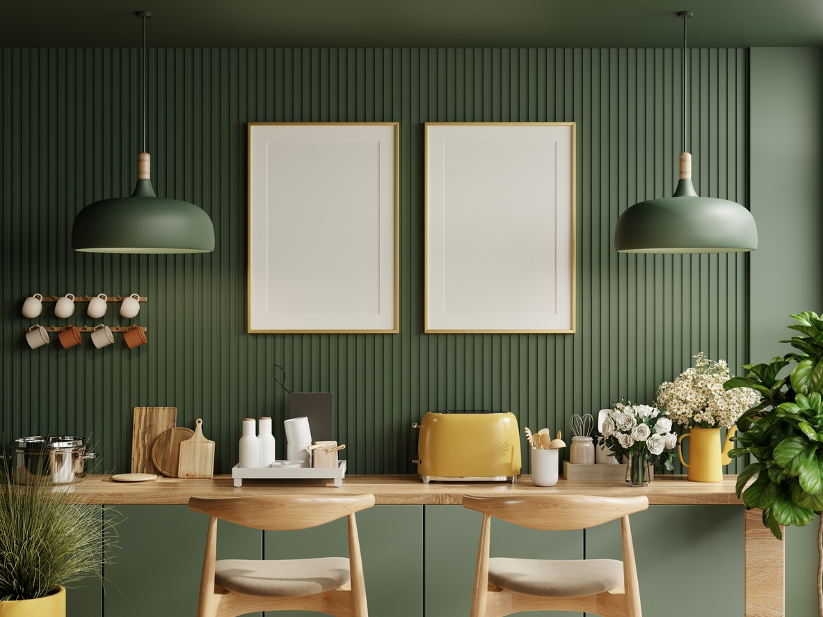 Mock up poster frame in kitchen interior and accessories with dark green wooden slatted wall background.