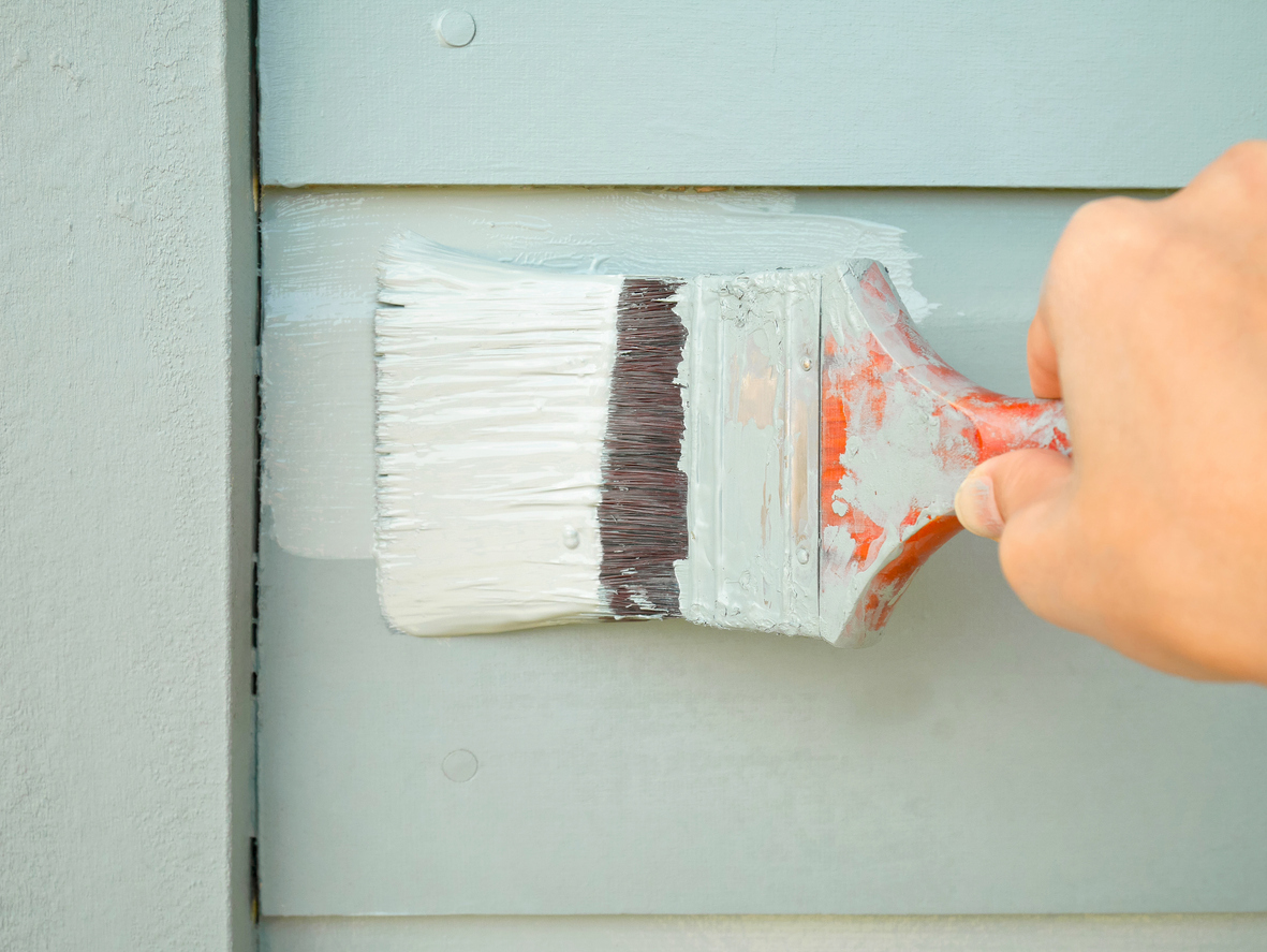 Hand holding brush painting timber wall in Dublin, C